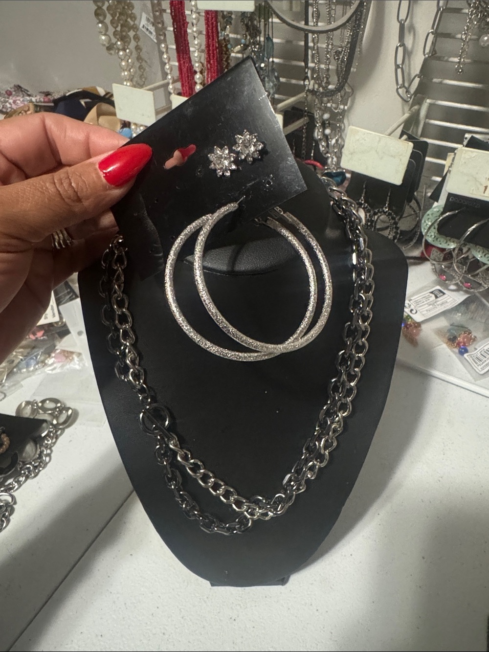 Silver Crystal Hoop Earrings and Chain Necklace Set